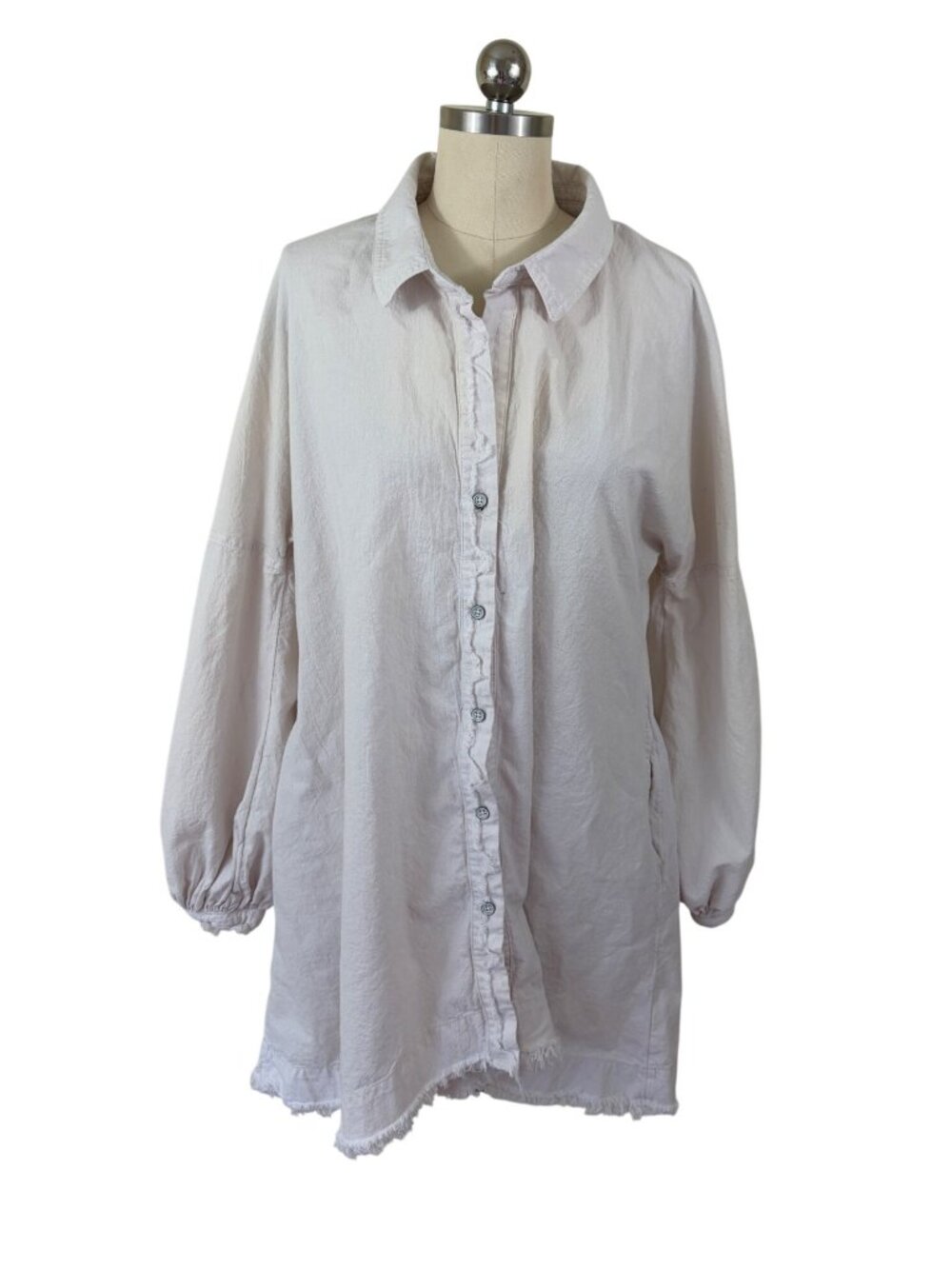 Free People ButtonDown Tunic Top Mini Dress Medium Raw Trim Puff Sleeve Boho